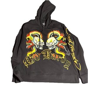 Ed Hardy Hoodie Dragon Skull Gold Metallic‎ Foil Fleece Pullover - Size XL